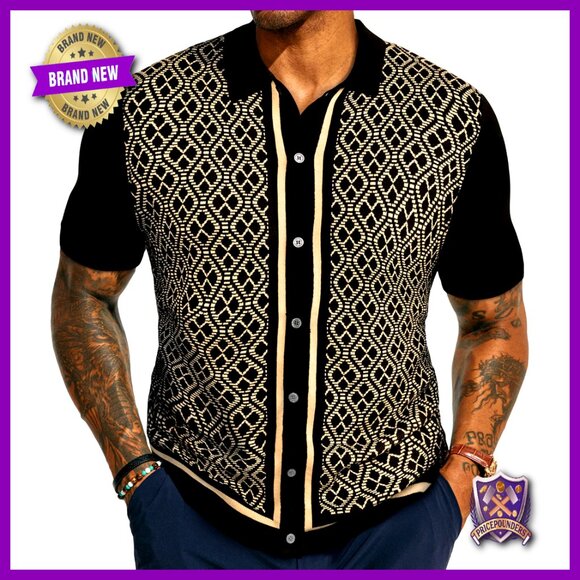 Men's Vintage Knit Polo Shirt Short Sleeve Classic Fit Stretchy Fabric